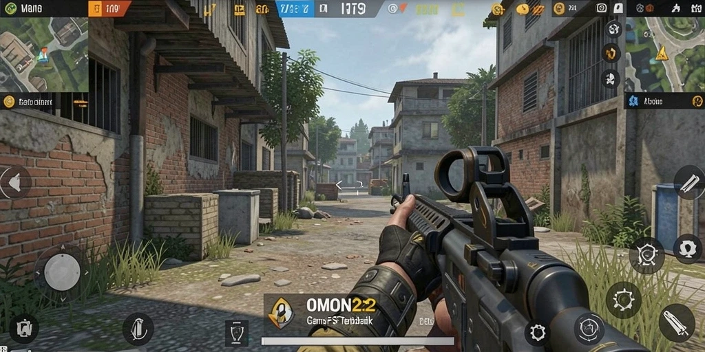 Tangkapan layar OMON22 dengan aksi pertempuran FPS yang seru.