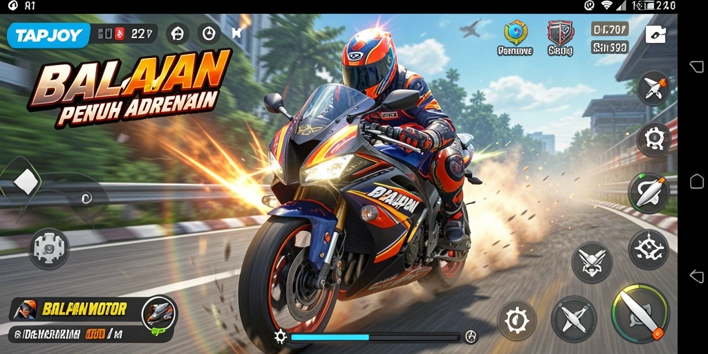 Tampilan balapan seru dengan motor dan trek menarik di TAPJOY.